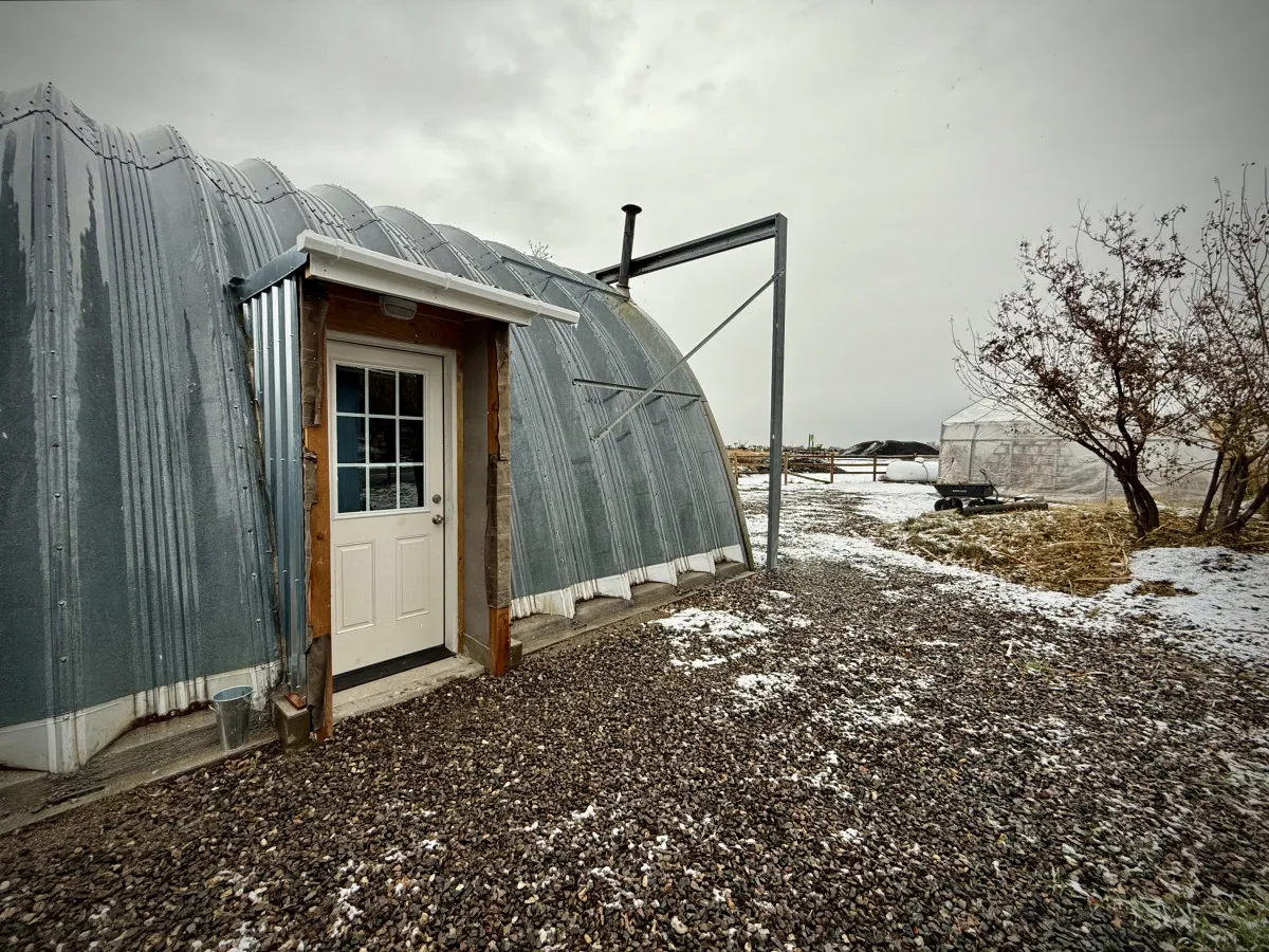 The exterior of a metal-structured building with a distinct entrance and a gravel path, framed by surrounding trees. The scene feels inviting yet uniquely rustic, suggesting a tranquil retreat connected to its natural environment.