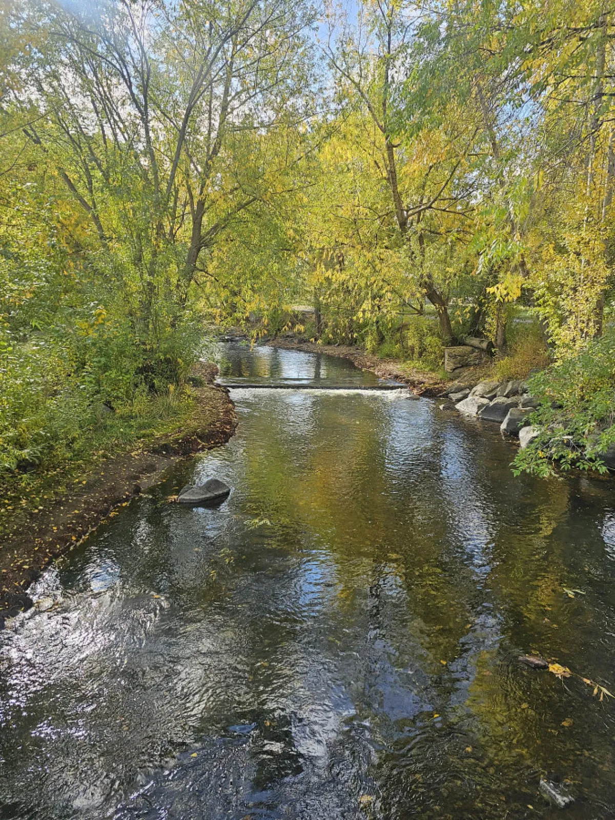 A picturesque view of a calm river bordered by vibrant autumnal foliage, smooth stones, and water reflections. The scene evokes peace, natural beauty, and the serene atmosphere of Baker County’s outdoors.