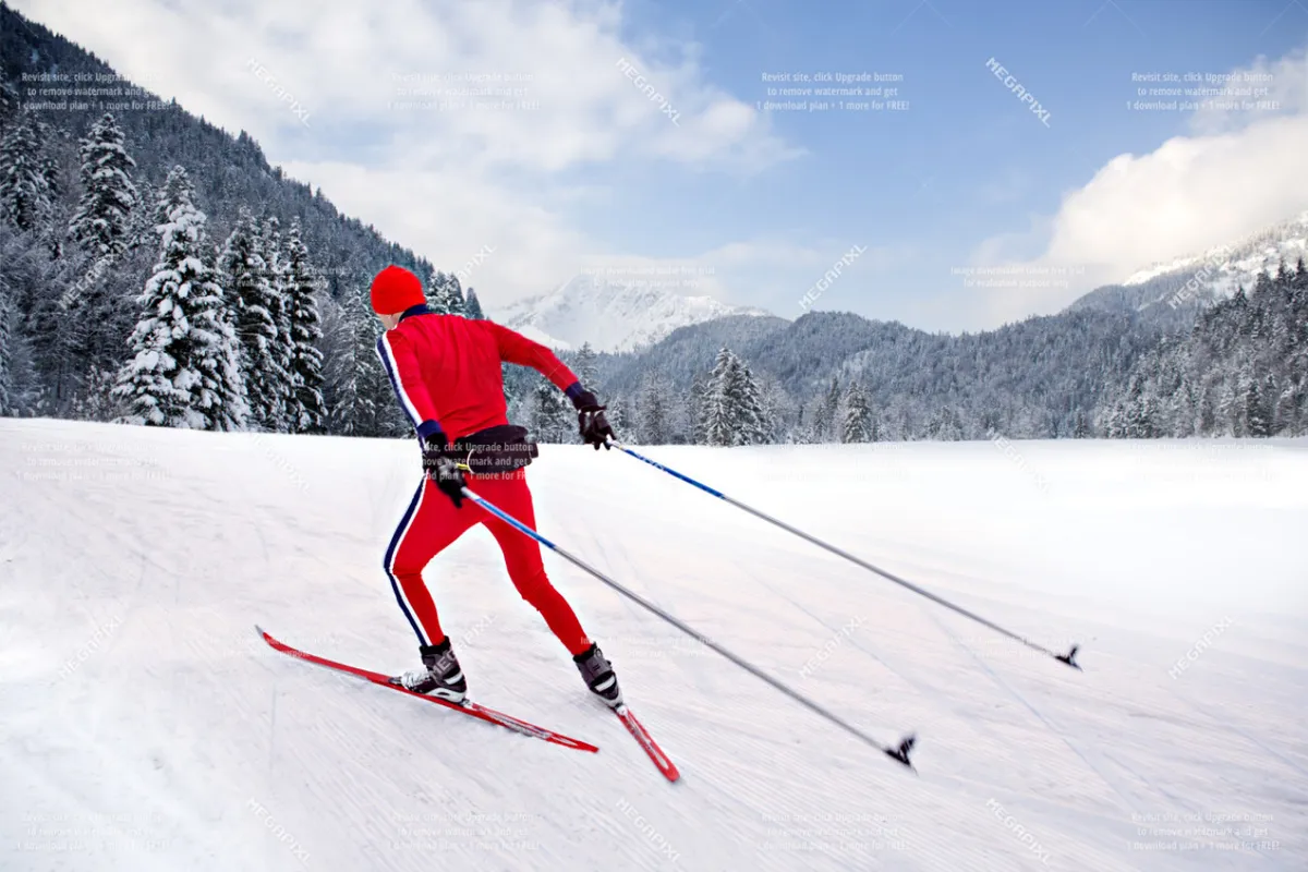 A cross-country skier in a bright outfit glides through snow-covered trees, with a sweeping mountain backdrop. The scene is energetic yet serene, showcasing the expansive Nordic ski opportunities at Anthony Lakes.