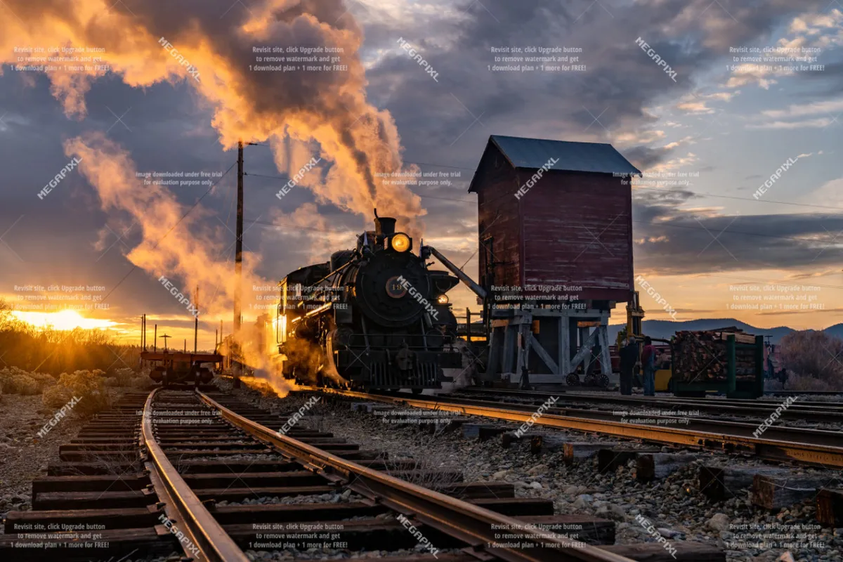 An adventurous exterior shot featuring a vintage steam locomotive, railroad tracks stretching into the sunset, a wooden shed, and dramatic lighting. The scene captures the spirit of exploration and adds a unique local attraction to Baker City's offerings.